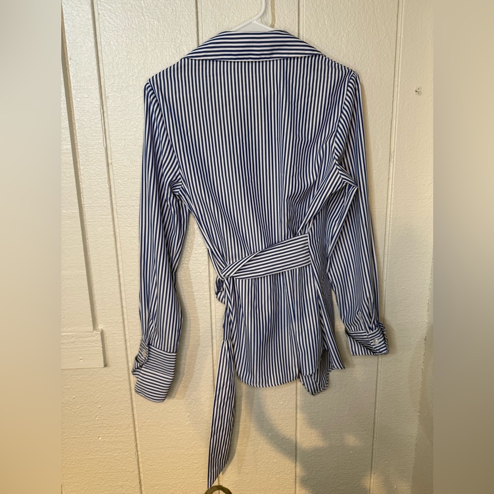 Neiman Marcus Blue Striped Long Sleeve cotton blend blouse shirt Dress - Picture 4 of 5